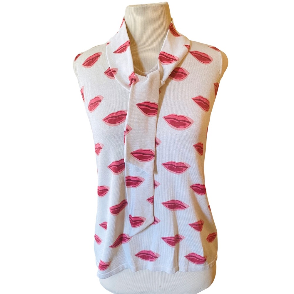 Joseph A Silk Blend Pink Red Lip Print Tie Neck Sleeveless Knit Top L
